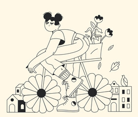 Obraz premium Biker riding around the world. Active cartoon person, concept of healthy lifestyle, sports and outdoor recreation.