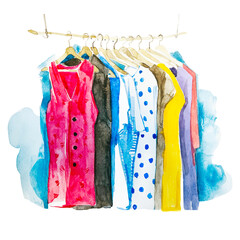 Watercolor hand-drawn illustration of fashionable clothes on hangers on a wardrobe. Railing with stylish female clothes, clothing retails concept.