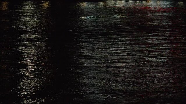 Surface of a river at night reflecting the city lights