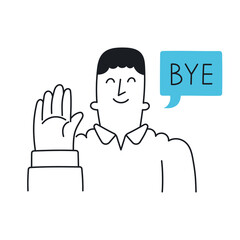 Bye! Happy man waves his hands in farewell. Outline, linear, thin line, doodle art. Simple style with editable stroke.