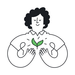 Happy woman holding a plant. Concept of ecology, green energy, new life, environmental protection. Outline, linear, thin line, doodle art. Simple style with editable stroke.