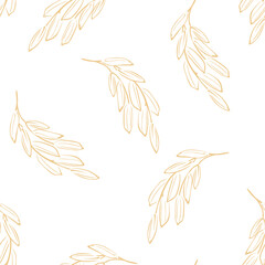 Botanical background with ears of paddy rice on white. Vector seamless pattern with agricultural plant outline.