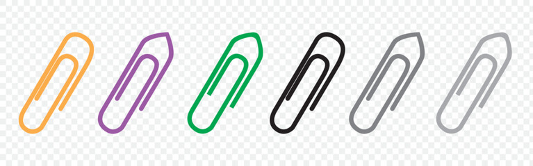Colored paper clip icons set on transparent background. Paperclips in flat style. Office Paper Clip sign. Vector