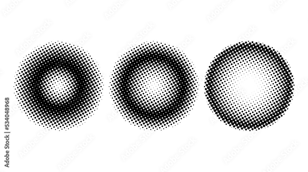 Poster Halftone spheres set. Semitone dotted globes. Comic texture circles. Round gradient collection. Radial design elements. Pointed faded shapes. Abstract monochrome background.