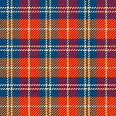 Autumn Checkered Plaid seamless patten. Vector Tartan red, blue and yellow plaid textured background. Traditional fabric print. Fall plaid texture for fashion, print, design.