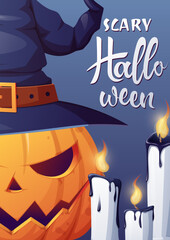 Vector poster with a pumpkin in a hat and Halloween candles. Postcard for the holiday. Happy Halloween, holiday symbol. Poster, postcard, invitation, a4 size banner