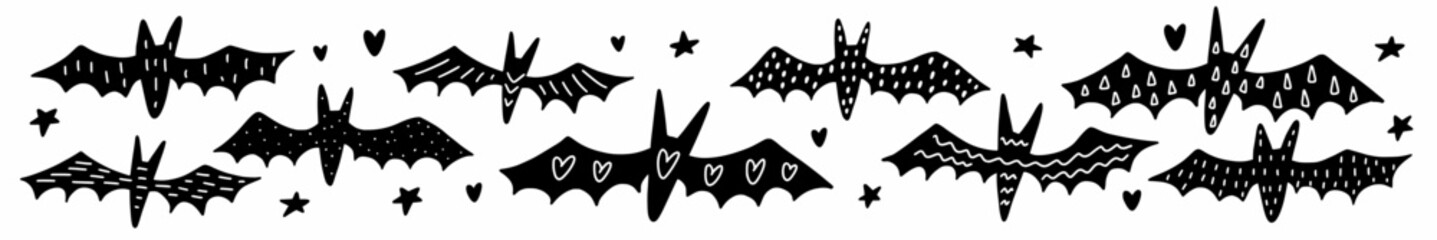 Vector collection of hand-drawn bats with patterns