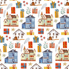 Christmas watercolor pattern with houses on a dark background. Illustration