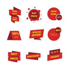 Sale red icons set discount banner isolated on white background.