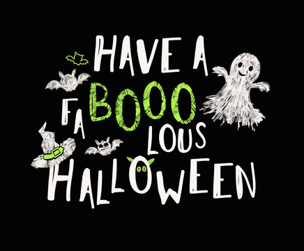 Hand drawn illustration for the Halloween day with Holliday phrase and slogan. Ink drawn artwork, childish Illustration with hand written lettering or paper design, stickers, textile, posters, wrap.
