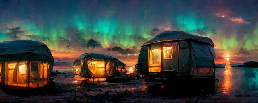 The Lake Superior Shore In The Upper Penninsula Of Michigan Under The Northern Lights Yurts Cabins Digital Illustration.