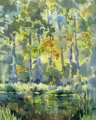 Evening sun by the pond in autumn watercolor background