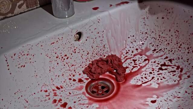 Drops of red blood from hands drip into a white washbasin close-up. Bloody mess. Terrible bleeding. Crimson drops of blood fall to the surface. Scarecrows with blood.