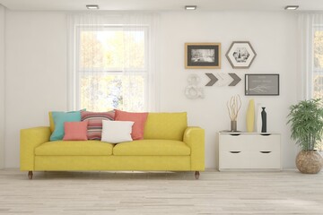 White living room with sofa. Scandinavian interior design. 3D illustration