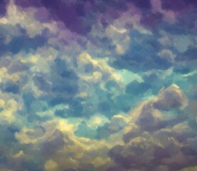Fototapeta na wymiar Perfect beautiful 3d illustrataion of sky with fluffy clouds in Van Gogh style. High quality 