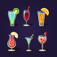 Set of cocktails. Mixed alcoholic and nonalcoholic drinks with fruits vector illustration