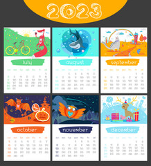Cartoon Calendar 2023 year. Seasonal illustration with animals. Summer, Autumn, Winter background. July, August, September, October, November, December. Childish Organizer, vector planner