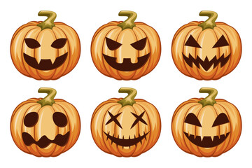 Set of halloween pumpkins on white background, funny faces. Autumn vacation. EPS10 vector illustration.