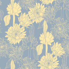 Sunflowers field seamless pattern for fabric, textile design. Flat colors, easy to print. Line art yellow blue flowers silhouettes. Sunflower Blossom. - 534052545