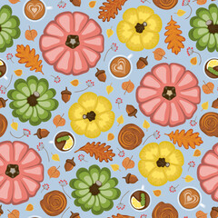 Seamless pattern with colorful pumpkins, cups of tea and cappuccino, cinnamon and different leaves. Vector illustration.