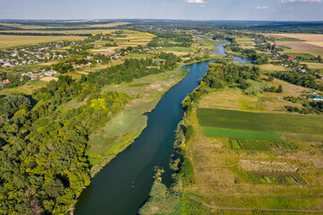 Drone view over summer river Ros landscape, Ukraine.