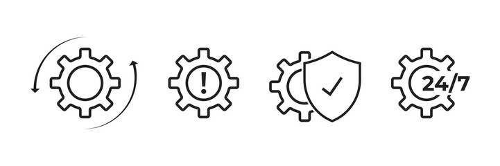 Gear setting icon set. Gear mechanism with arrow , chekmark  and 24/7 servis.Collection of simple linear web icons .Sync process.