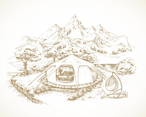 Hand Drawn Glamping Landscape Vector Illustration. Cozy Outdoor Vacation Tent with Stylish Armchair, Mountains and Trees Sketch Background. Nature Recreation Bungalow Doodle Isolated