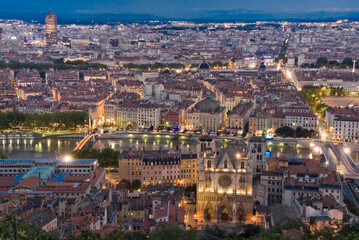Fototapeta premium Europe, France, Rhone, Lyons cityscape and cathedral st jean