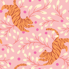 Cute vector seamless pattern with tiger and floral elements. Decorative chinese background for fabrics, textile. - 534054354