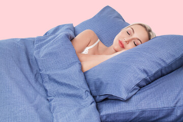 blonde girl in bed with white pillows and a blanket in a bright bedroom, home textiles