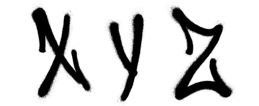 Graffiti spray font alphabet with a spray in black over white. Vector illustration. Part 7