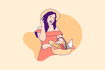 Obraz na płótnie Canvas Illustrations beautiful woman holding picnic basket food for World Food Day design concept