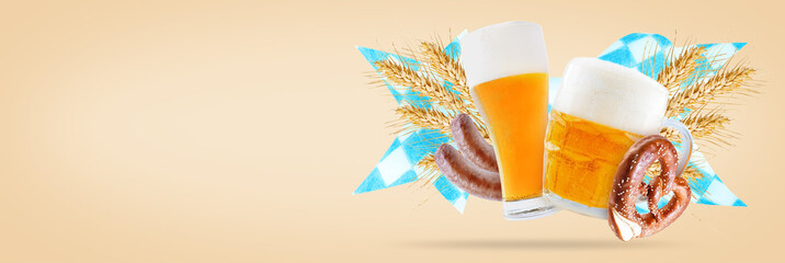 Oktoberfest party background illustration with fresh lager beer, pretzel, sausage and blue and white party flag