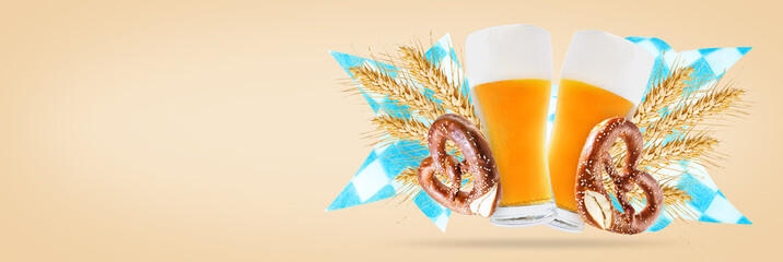 Oktoberfest party background illustration with fresh lager beer, pretzel, sausage and blue and white party flag