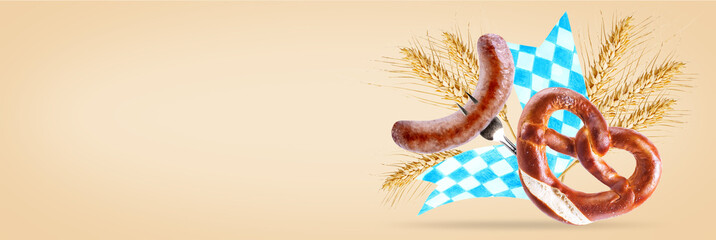 Oktoberfest party background illustration with fresh lager beer, pretzel, sausage and blue and...