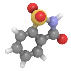 Saccharin artificial sweetener molecule. 3D rendering.