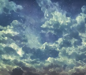Obraz na płótnie Canvas Perfect beautiful 3d illustrataion of sky with fluffy clouds in Van Gogh style. High quality 