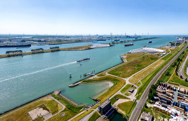 Aerial view of the Maeslant Barrier/Maeslant kering at the port of Rotterdam