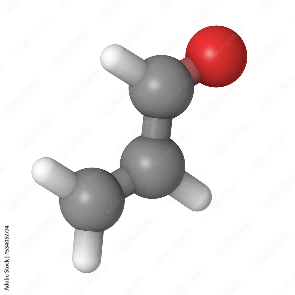 Poster Acrolein (propenal) molecule. Toxic molecule that is formed when fat or oil is heated and is present in e.g. french fries.