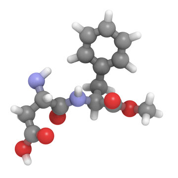 Aspartame artificial sweetener molecule. Used as sugar substitute. 3D rendering.