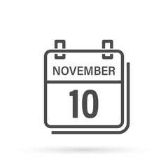 November 10, Calendar icon with shadow. Day, month. Flat vector illustration.