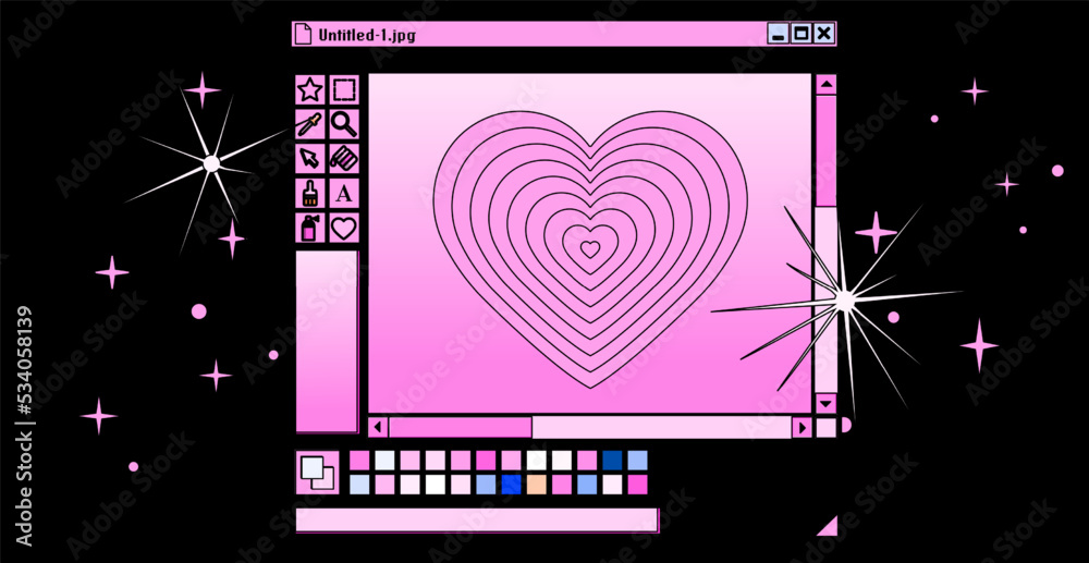 Poster Retro user interface with graphic editor window box and icons. Y2K style collage in pastel colors.