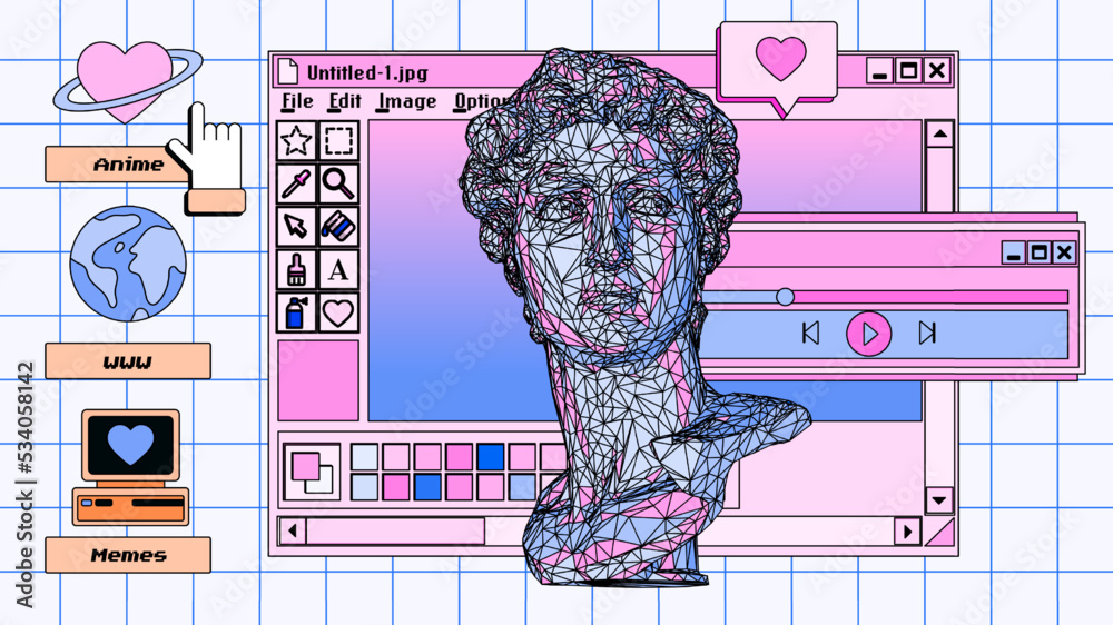 Poster Retro user interface with graphic editor window box and icons. Y2K style collage in pastel colors.