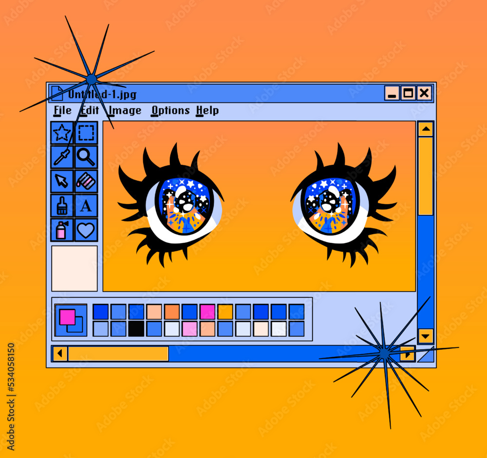 Poster Retro user interface with graphic editor window and image of anime eyes. Vaporwave style illustration.