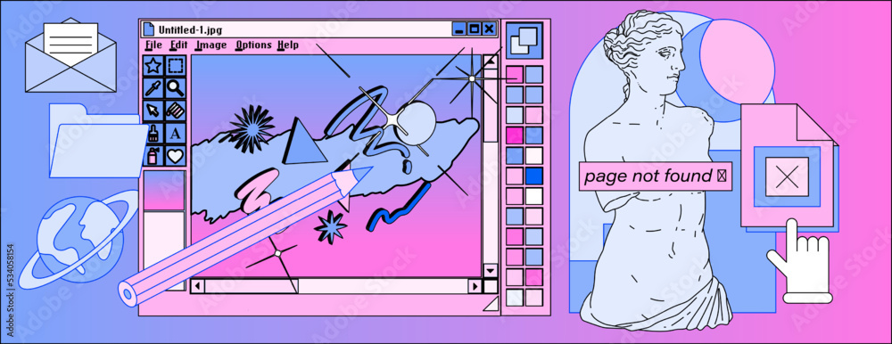 Aufkleber Retro vaporwave user interface with modal dialog window box of a graphic design software and editor program and picture of a Venus statue in pastel cute colors.