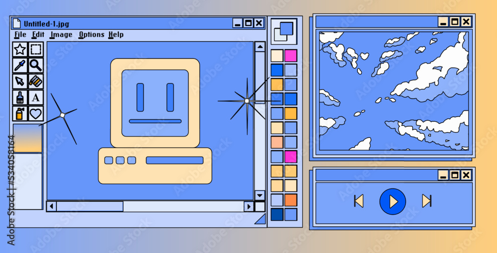 Leinwandbilder retro user interface with graphic editor window box and icons. y2k style collage in pastel colors.