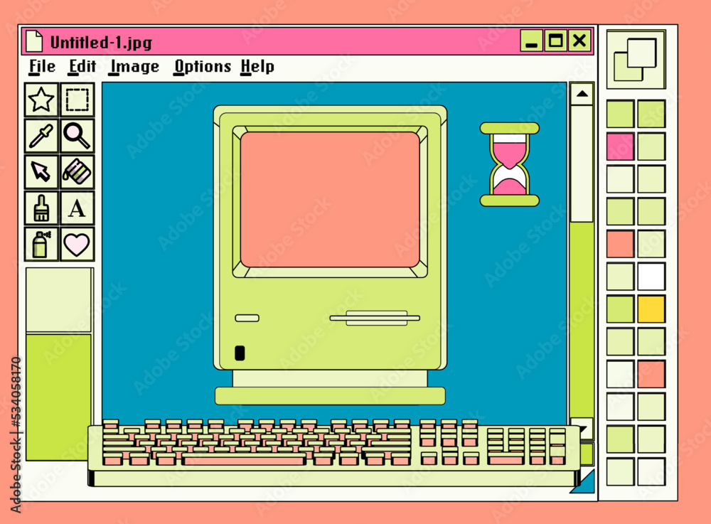 Poster Retro user interface with graphic editor window box and icons. Y2K style collage in pastel colors.