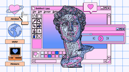 Retro user interface with graphic editor window box and icons. Y2K style collage in pastel colors. - obrazy, fototapety, plakaty