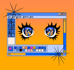 Retro user interface with graphic editor window and image of anime eyes. Vaporwave style illustration.