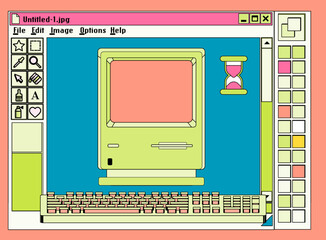 Retro user interface with graphic editor window box and icons. Y2K style collage in pastel colors.